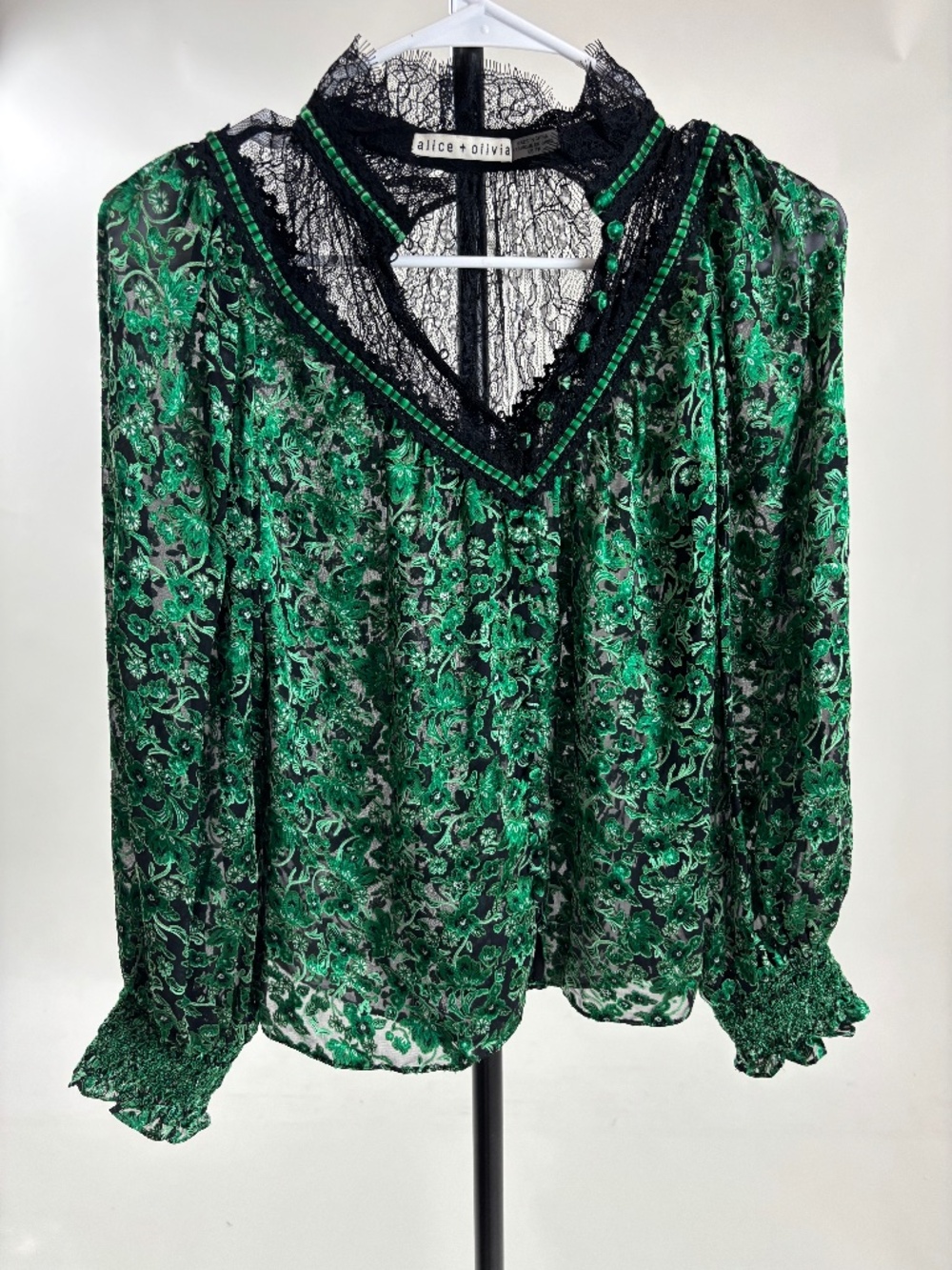 Alice + Olivia Clarice Floral Blouse Top Yoked Blouson-Sleeve Green Black Small